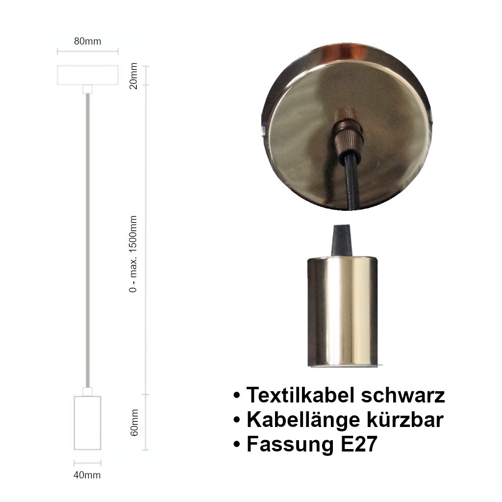 Emilum Schnurpendel mit Textilkabel, E27 Sockel Gold - Produktbild 2