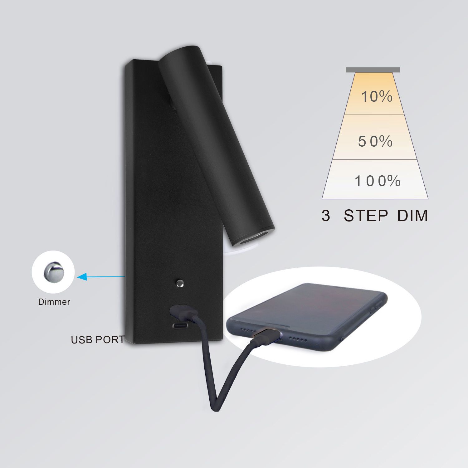 ISOLED LED Leseleuchte, 3W, schwarz, mit USB-A und USB-C Ladebuchse, warmweiß, 3 Stufen dimmbar - 3