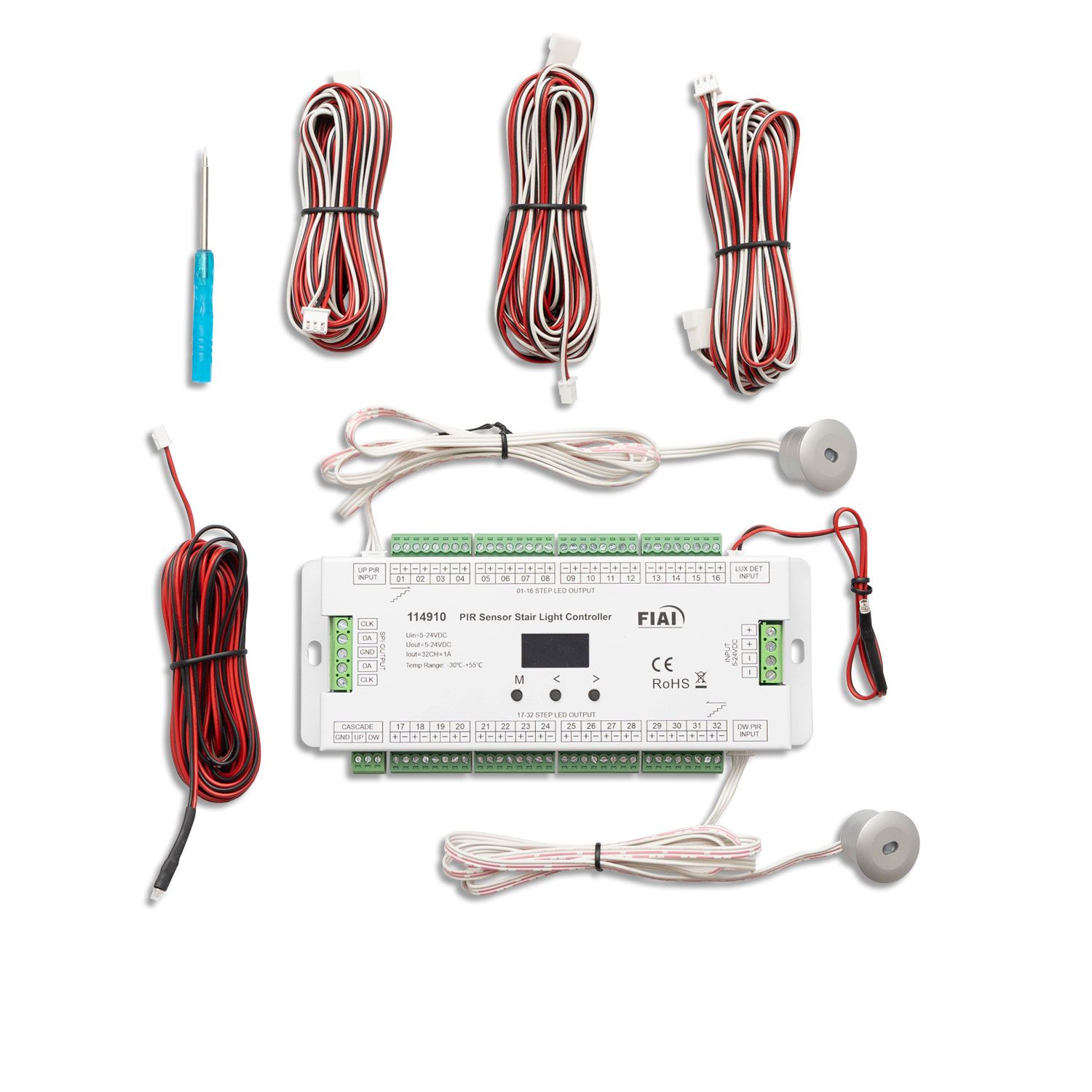 ISOLED Treppen-Effekt PWM-Dimmer 5-24V DC, 32x1A + SPI-Output, 2 PIR Sensor + 2 Push-Tast Eingänge - 1