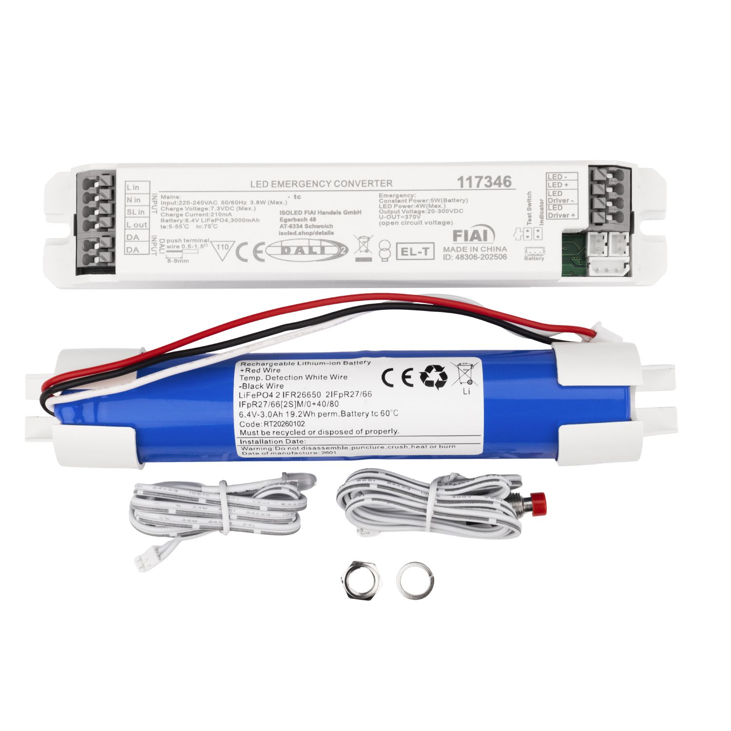 ISOLED Notstrom-Akkumodul LiFePO4 EL-T Selftest 3000mAh, 5W (20-300 V), DALI DT1 - 2