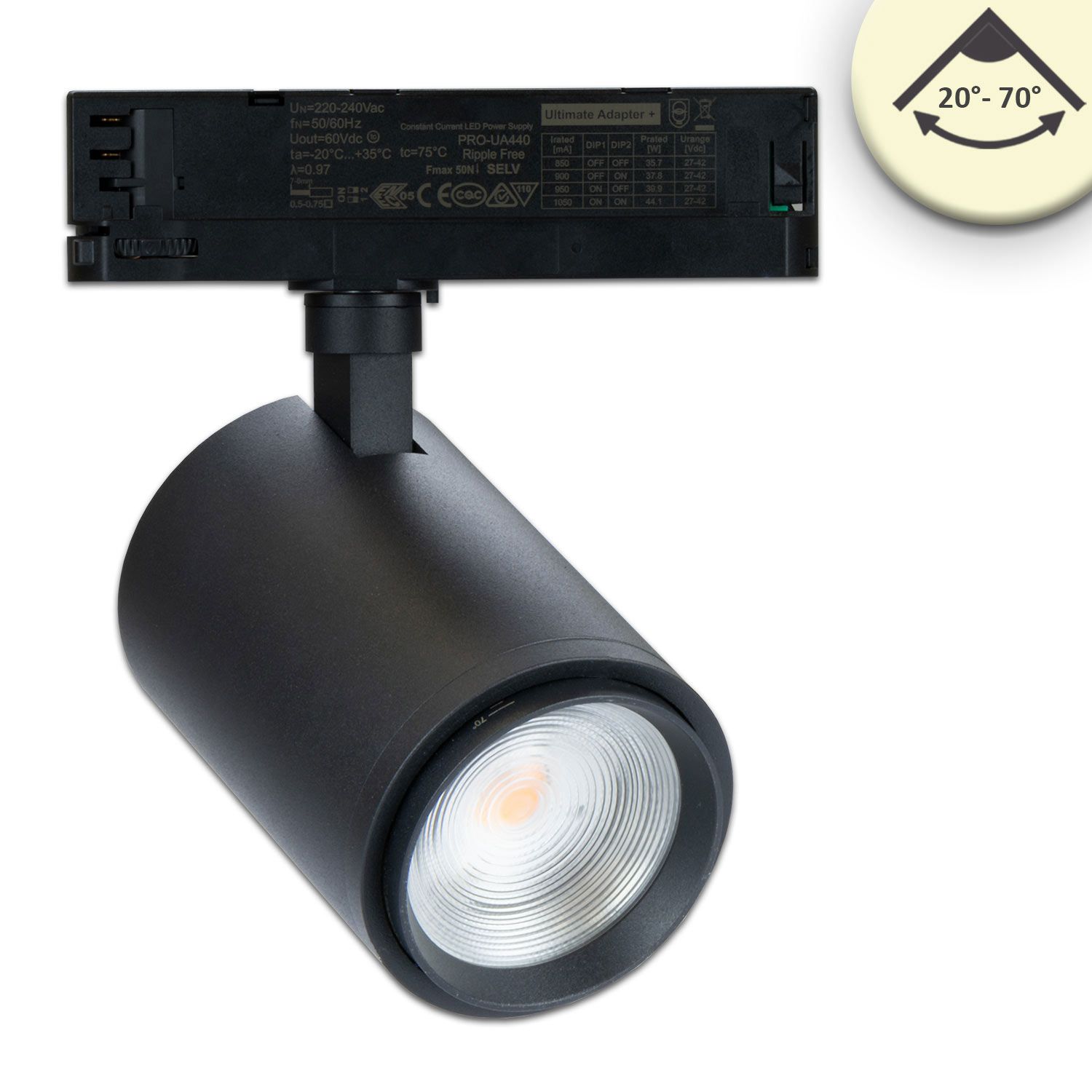 ISOLED 3-Phasen Schienenstrahler fokussierbar, 42W, 20°-70°, schwarz matt, 3500K, CRI92 ISOLED 3-Phasen Schienenstrahler fokussierbar, 42W, 20°-70°, schwarz matt, 3500K, CRI92 - 1