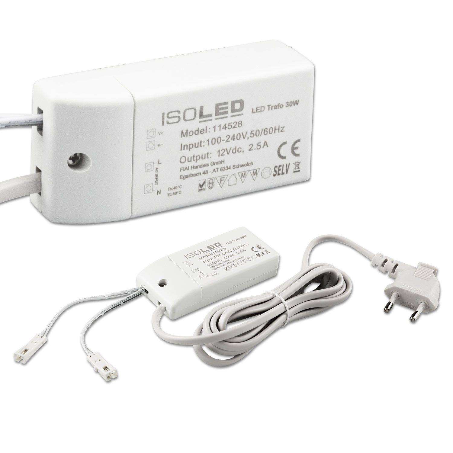 ISOLED LED Trafo MiniAMP 12V/DC, 0-30W, 200cm Kabel mit Flachstecker, sekundär 2 female Buchsen ISOLED LED Trafo MiniAMP 12V/DC, 0-30W, 200cm Kabel mit Flachstecker, sekundär 2 female Buchsen - 1