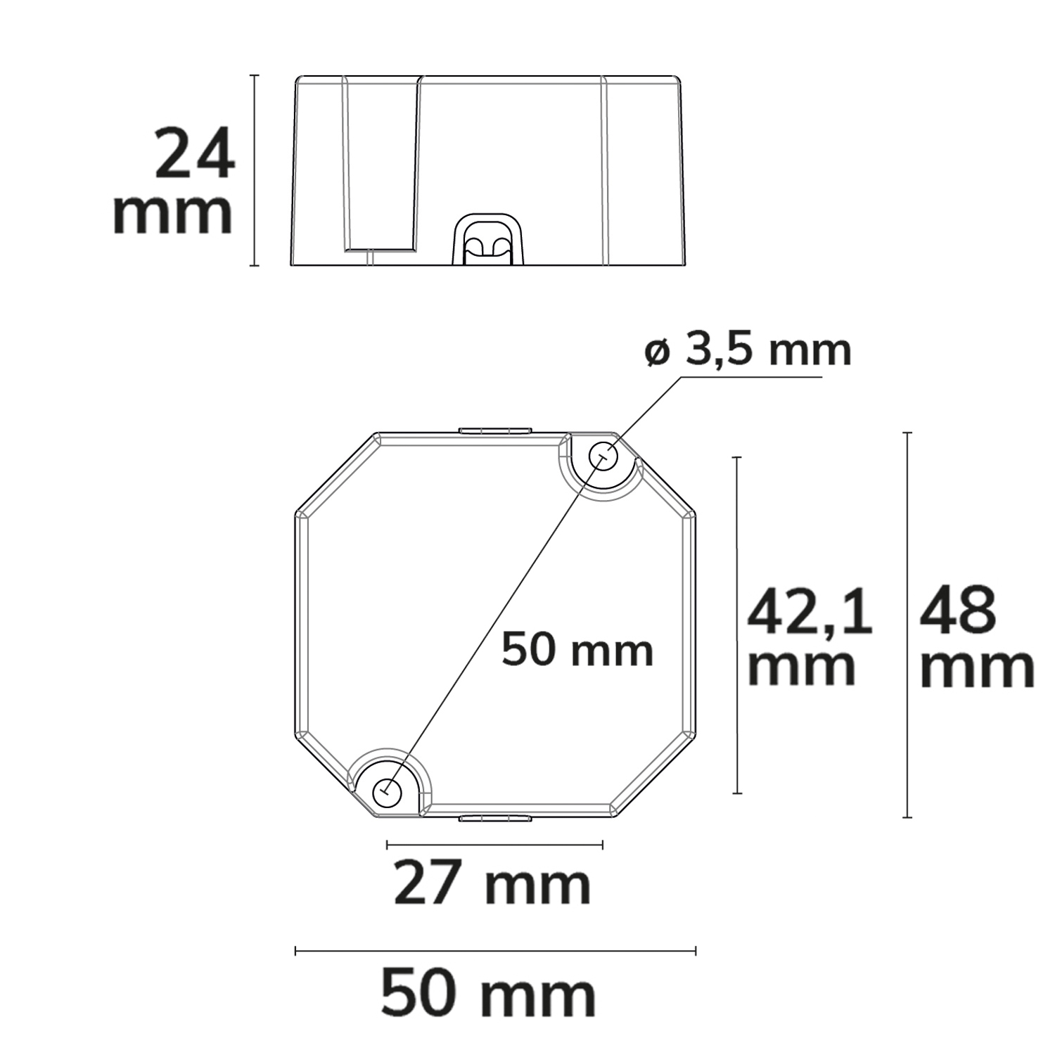 ISOLED LED Schalterdosen-PWM-Trafo 12V/DC, 0-12W, Tiefe 24mm, IP65, dimmbar, SELV - 3