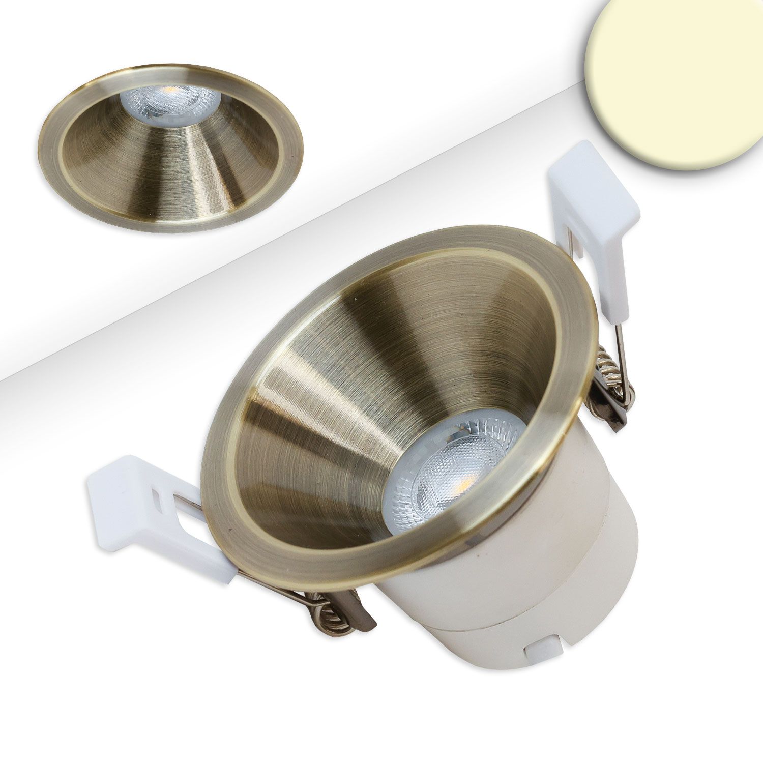 ISOLED LED Einbaustrahler BACK60, messing geb., rund, 5W, CRI90, 3000K, rückversetzt, UGR