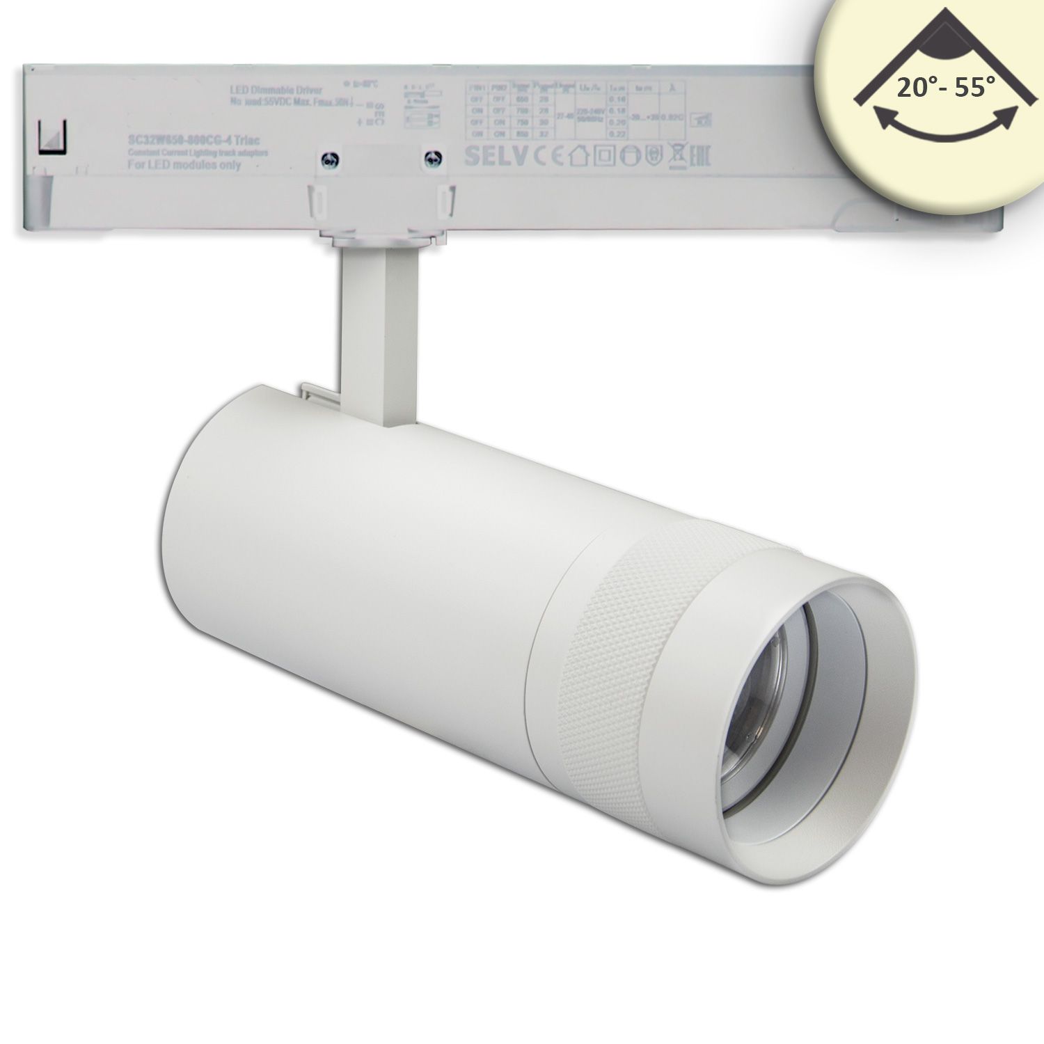 ISOLED 3-Phasen Schienenstrahler fokussierbar, 24W, 20°-55°, weiß matt, 3000K, dimmbar ISOLED 3-Phasen Schienenstrahler fokussierbar, 24W, 20°-55°, weiß matt, 3000K, dimmbar - 1