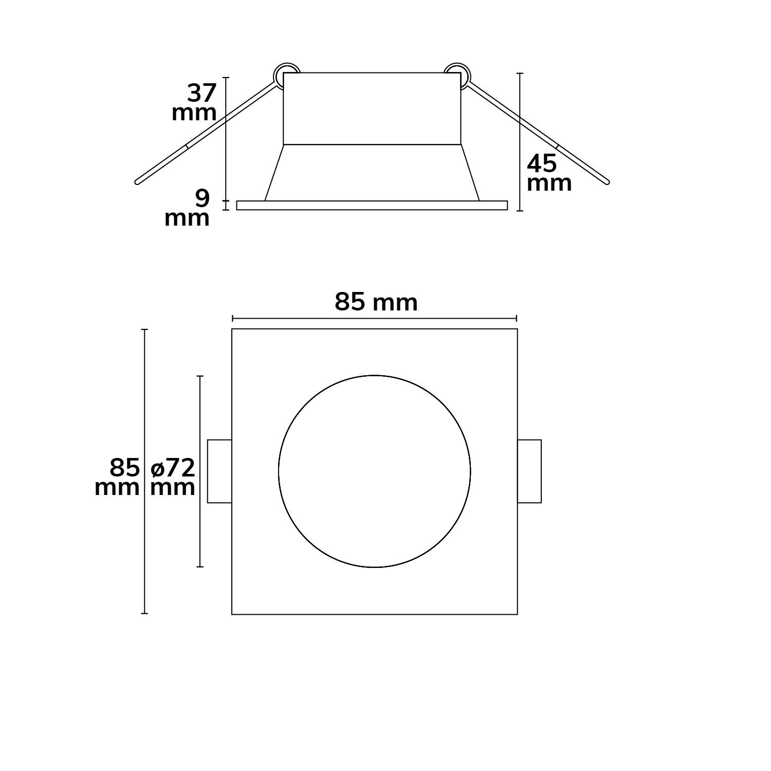 ISOLED Einbaurahmen eckig mit Glaslinse, Loch 72mm, schwarz, für GU10/MR16 Spots - 2