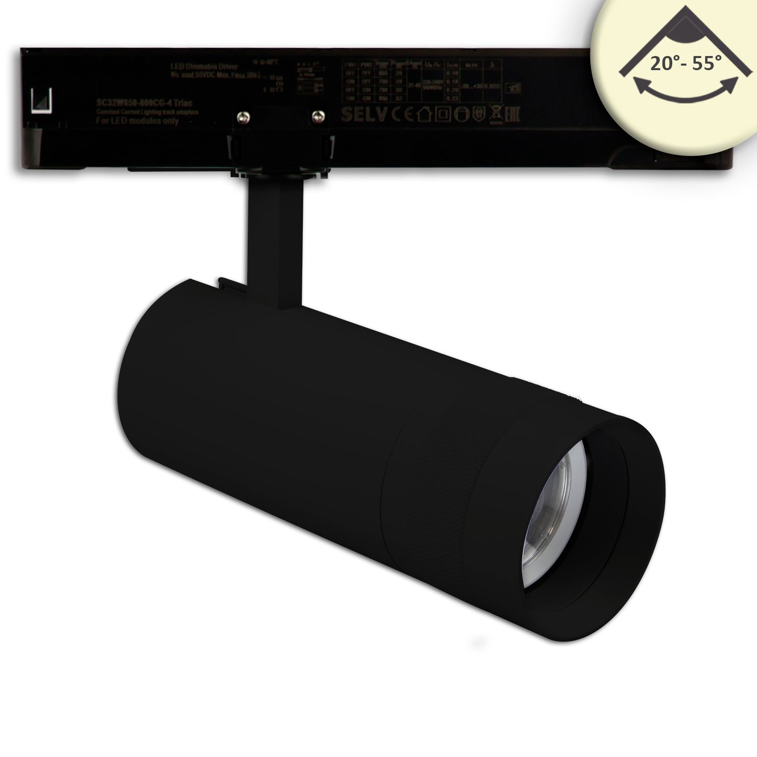 ISOLED 3-Phasen Schienenstrahler fokussierbar, 24W, 20°-55°, schwarz matt, 2700K, dimmbar - 1