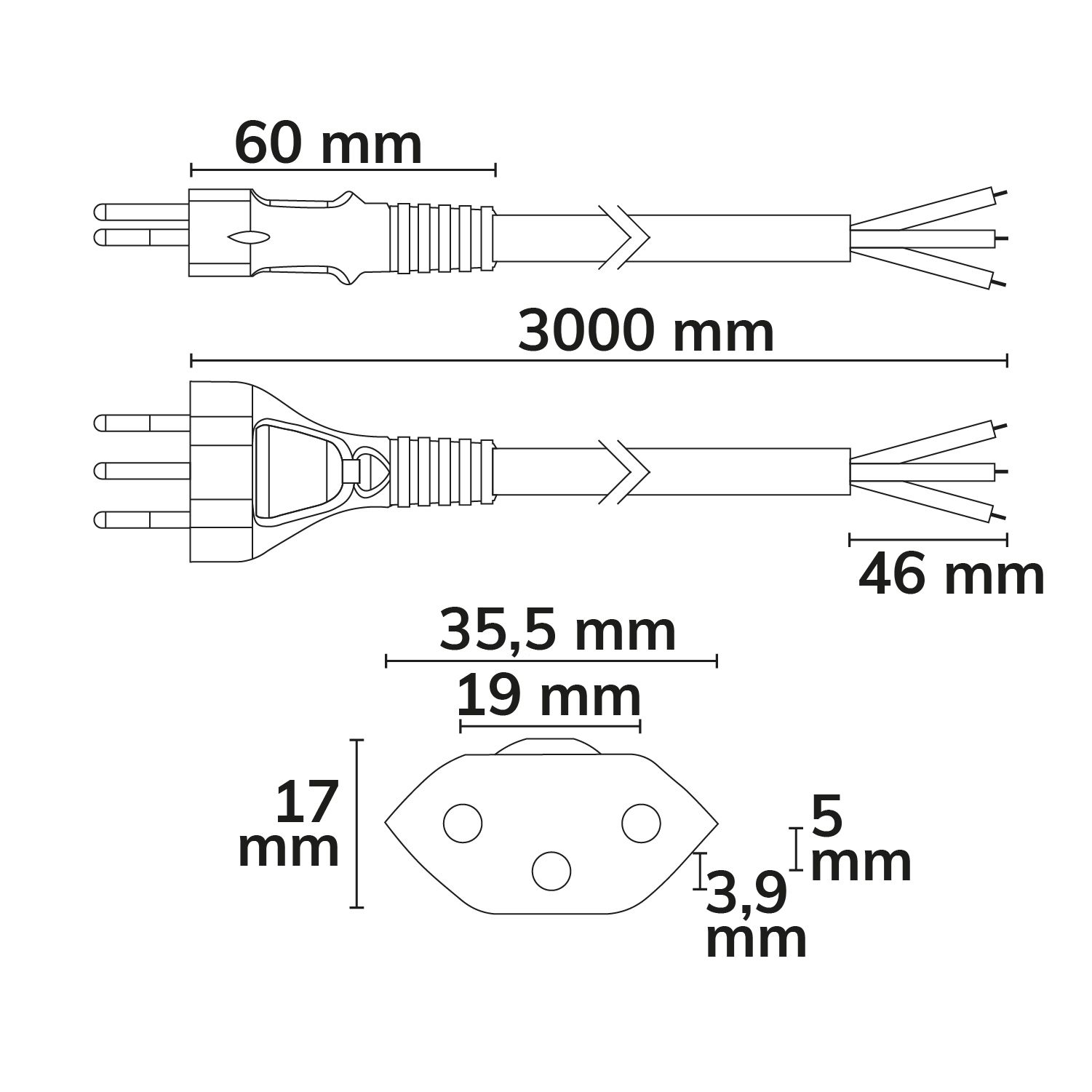 ISOLED Anschlussleitung 1,5m mit Stecker Typ J - Schweiz, H05VV-F3G0,75mm², schwarz, offene Enden - 2