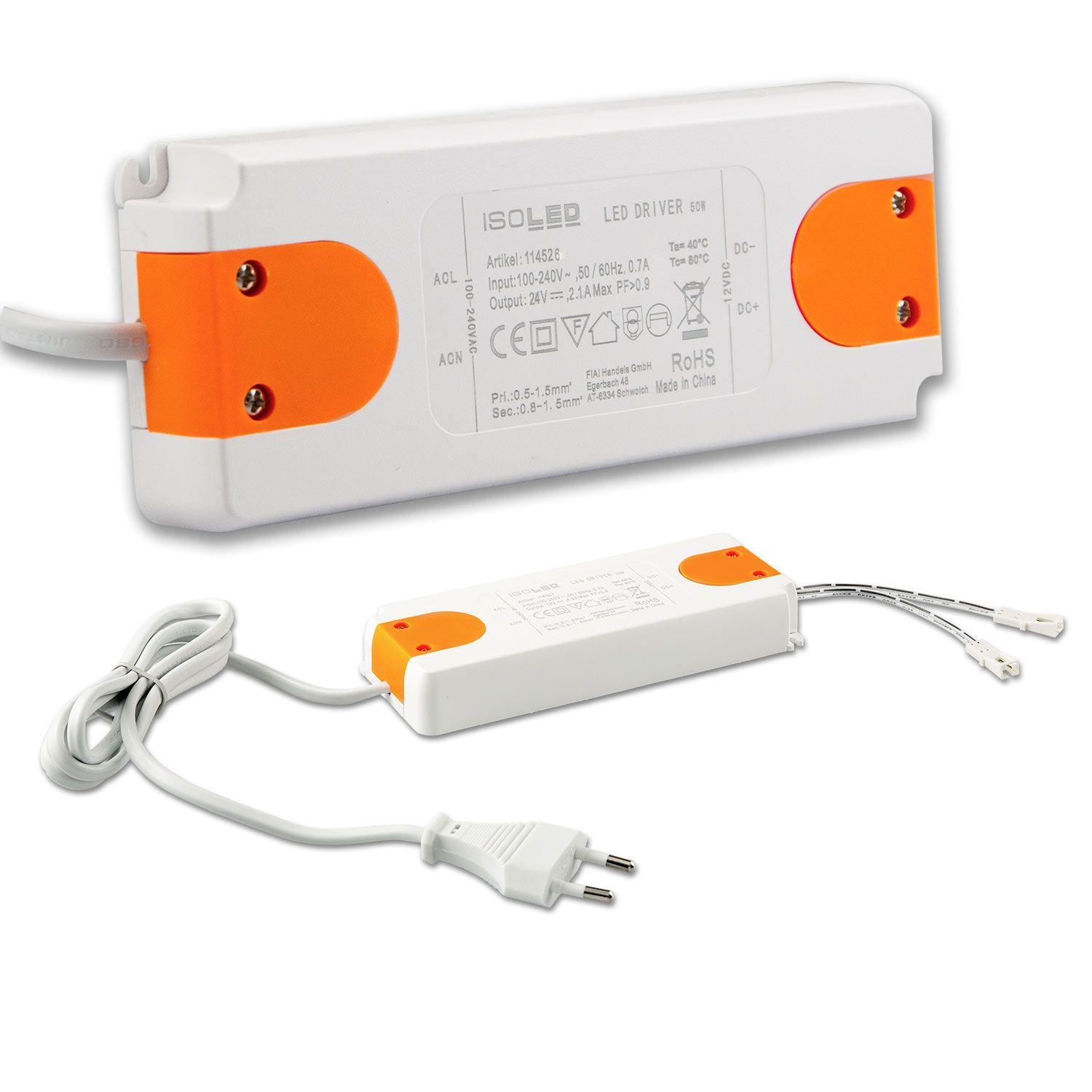ISOLED LED Trafo MiniAMP 24V/DC, 0-50W, 120cm Kabel mit Flachstecker, sekundär 2 female Buchsen - 1