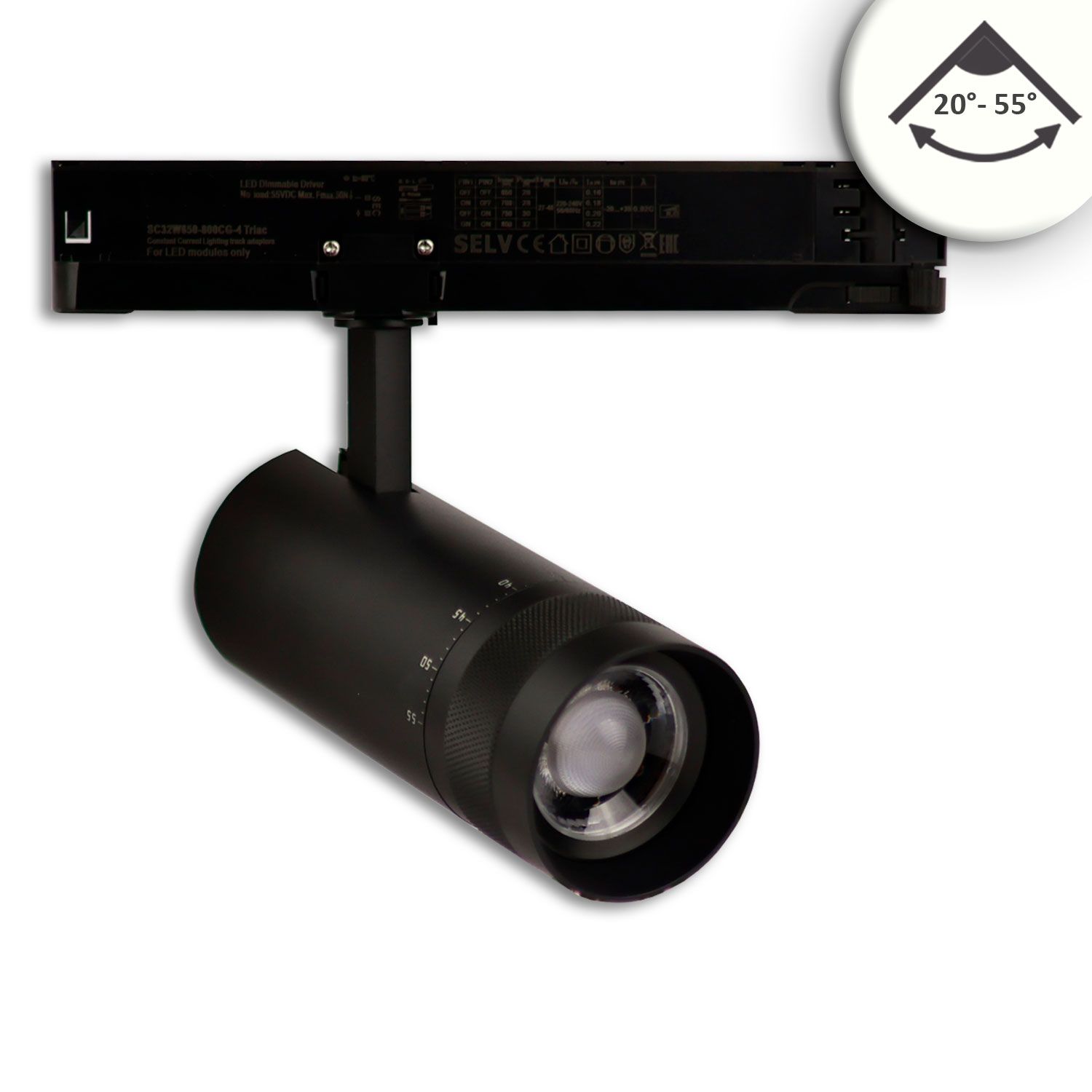ISOLED 3-Phasen Schienenstrahler fokussierbar, 24W, 20°-55°, schwarz matt, 4000K, DALI dimmbar ISOLED 3-Phasen Schienenstrahler fokussierbar, 24W, 20°-55°, schwarz matt, 4000K, DALI dimmbar - 1