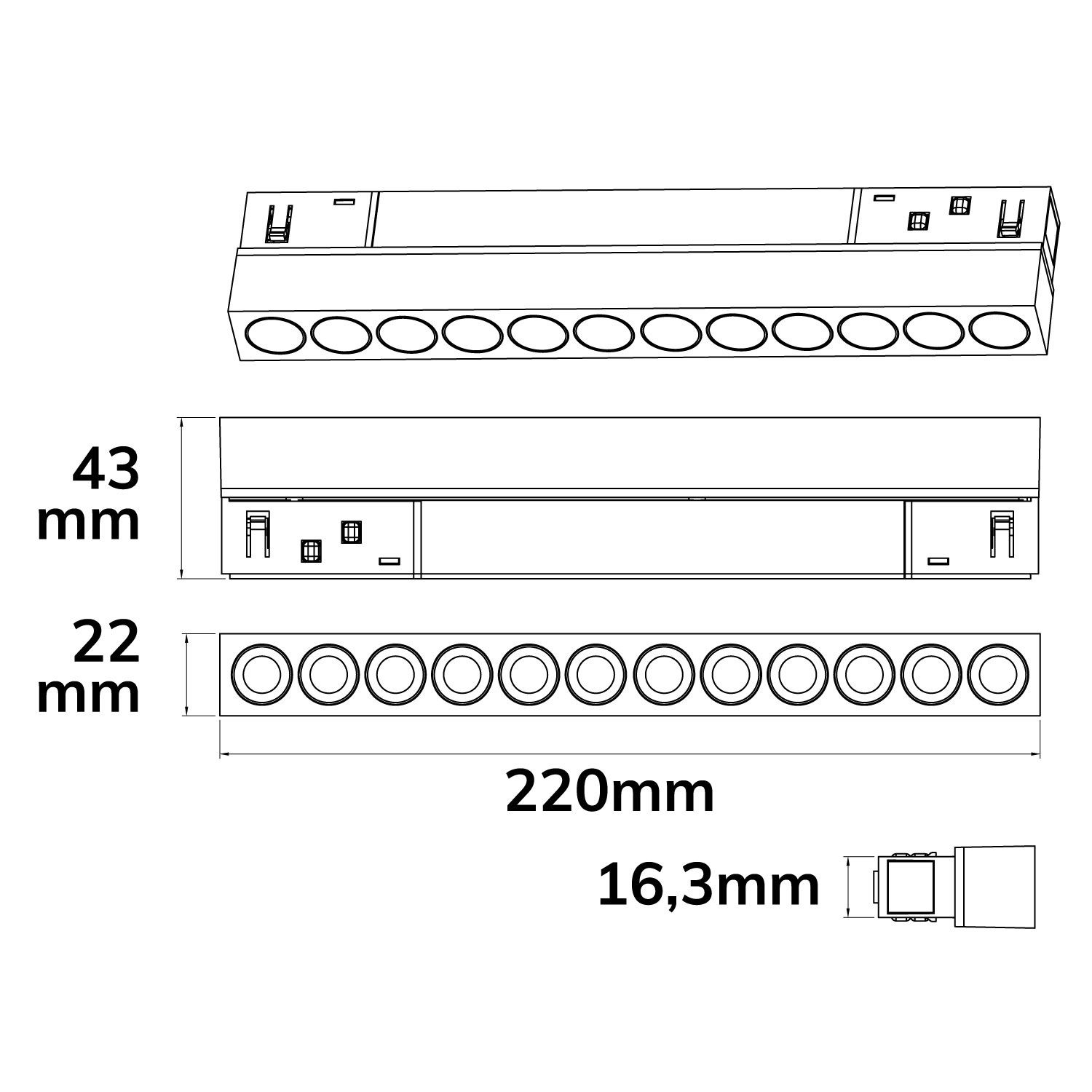 ISOLED Track48 Rasterleuchte 22cm schwarz, 12W, 36°, UGR