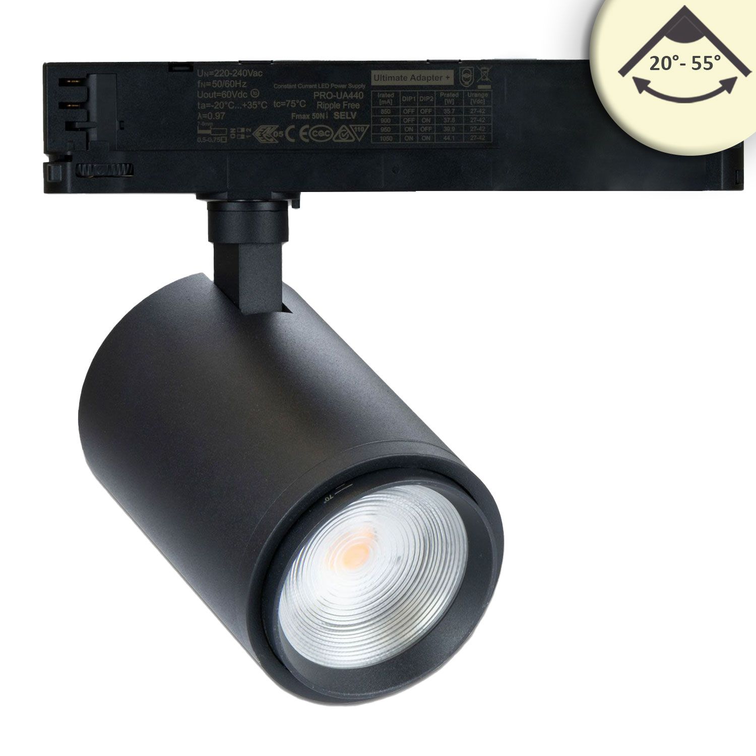 ISOLED 3-Phasen Schienenstrahler fokussierbar, 42W, 20°-70°, schwarz matt, 3000K, CRI92, dimmbar ISOLED 3-Phasen Schienenstrahler fokussierbar, 42W, 20°-70°, schwarz matt, 3000K, CRI92, dimmbar - 1