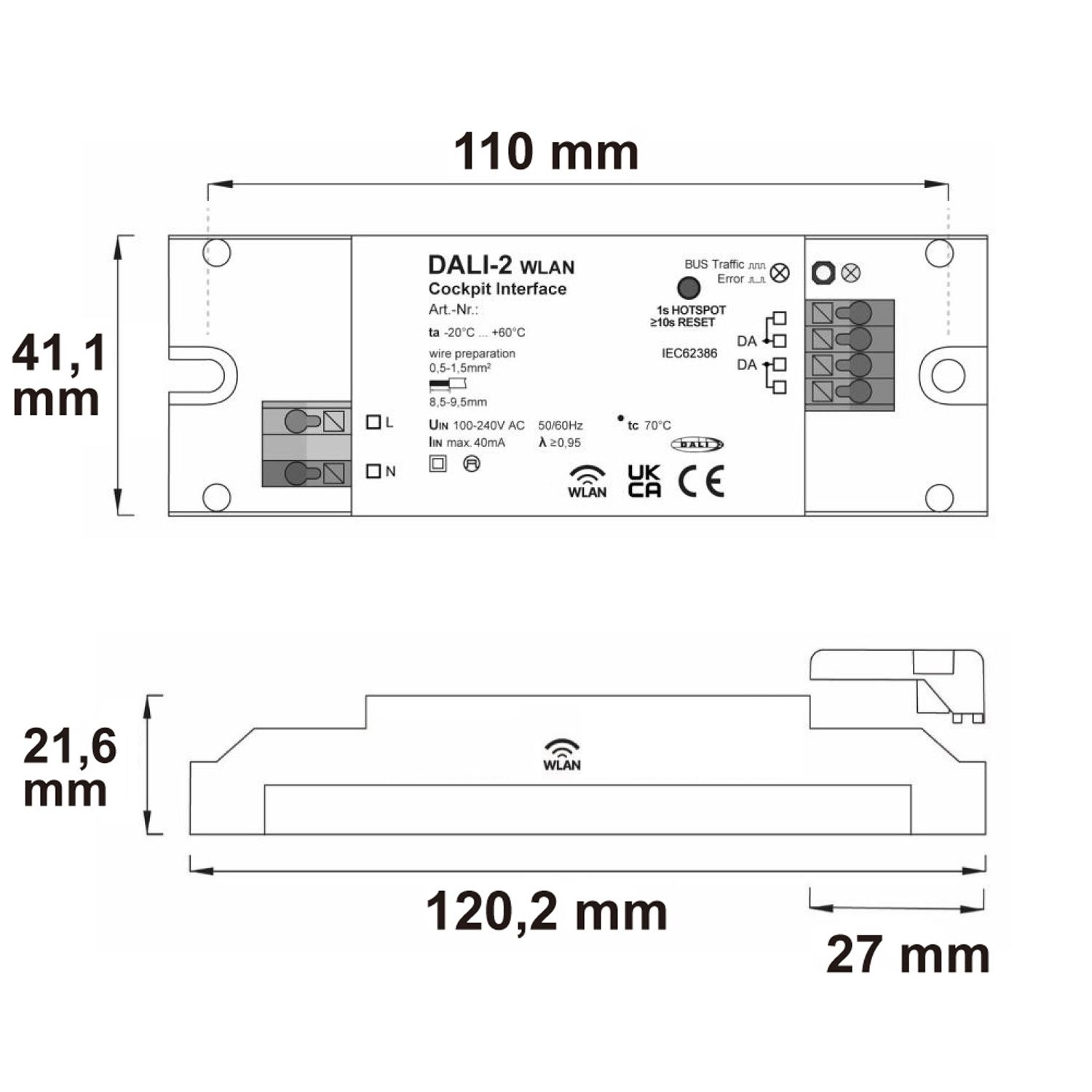 ISOLED DALI-2 Interface WLAN zur DALI Bus Parametrierung mit DALI Cockpit Windows-Software, 100-240V AC - 2