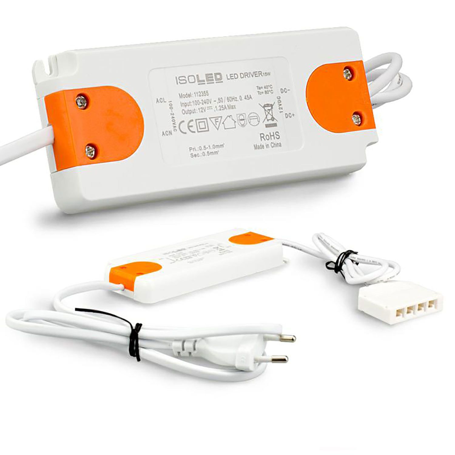 ISOLED LED Trafo MiniAMP Slim 12V/DC, 0-15W, inkl. Flachstecker und 4fach Mini AMP-Verteiler - 1