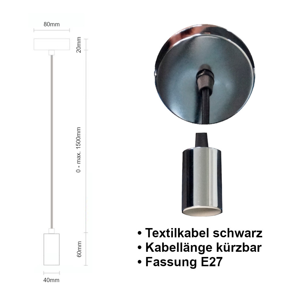 Emilum Schnurpendel mit Textilkabel, E27 Sockel Silber - Produktbild 2