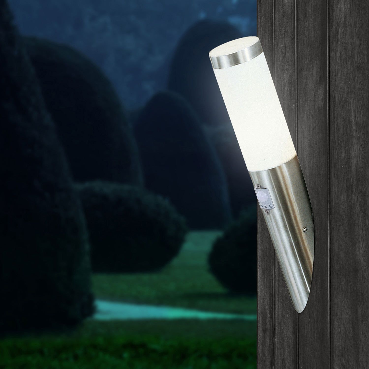 ISOLED Wandleuchte Edelstahl, IP44, PIR Bewegungssensor, warmweiß, inkl. E27 LED Leuchtmittel 9W - 2
