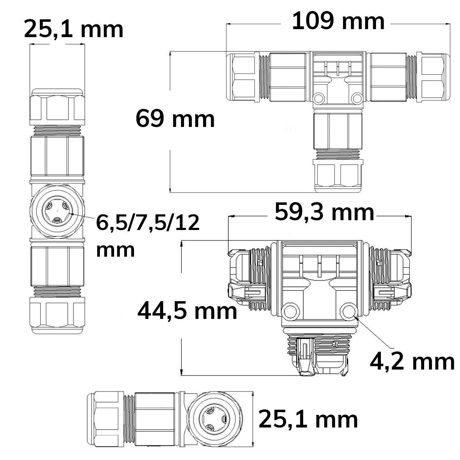 ISOLED Kabel T-Verbinder IP67, 3-polig 0.75-2.5mm² mit Federklemme, max. 250V 16A, Manteldm. 6,5-11mm - 3