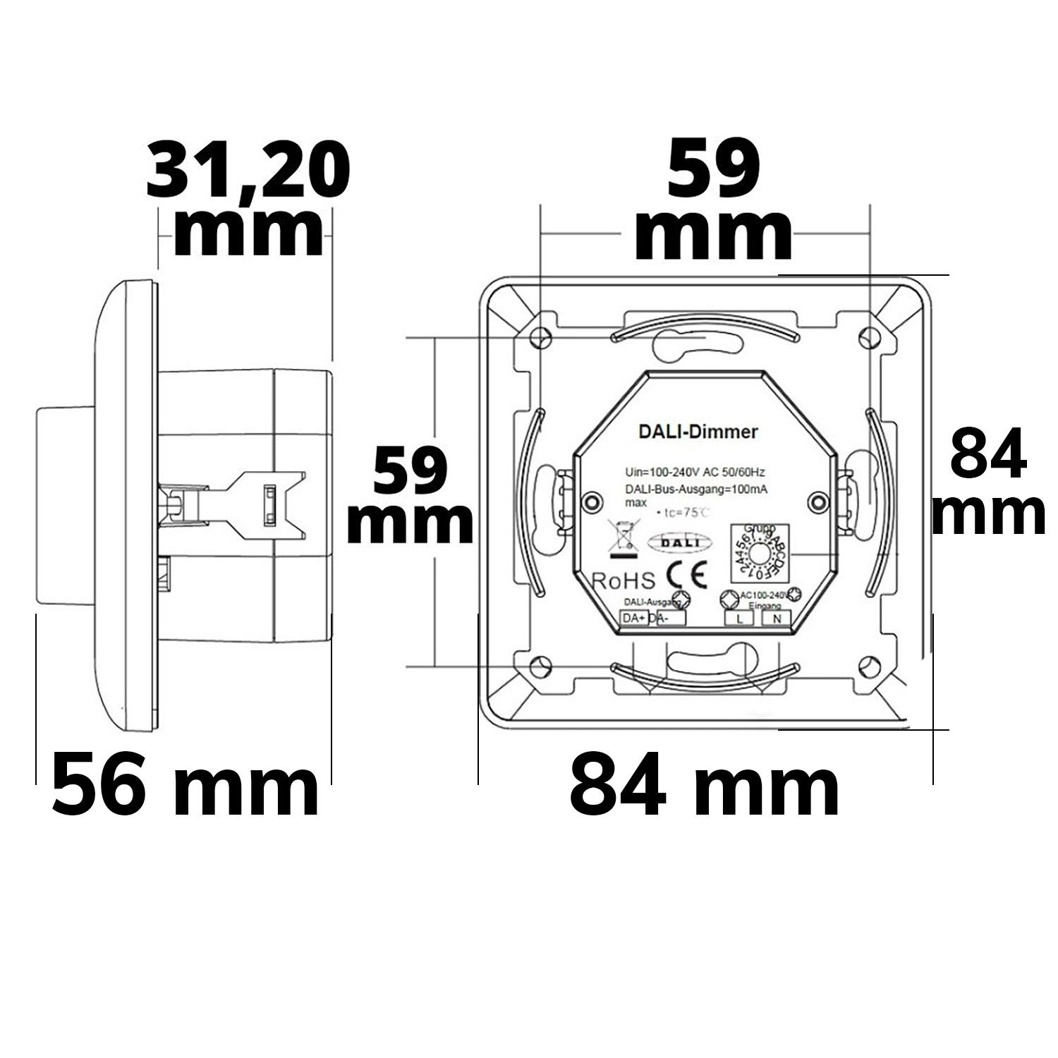 ISOLED DALI 1 Gruppe Einbau-Dreh Master-Dimmer, weiß, 230V AC oder DALI-Bus Spannung - 2