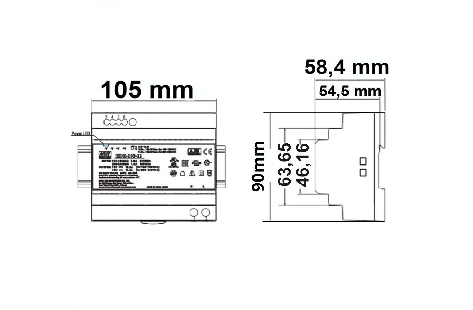 ISOLED LED Hutschienen-Trafo MW HDR-150-48, 43.2~55.2V/DC, 0-150W, IP20 - 2