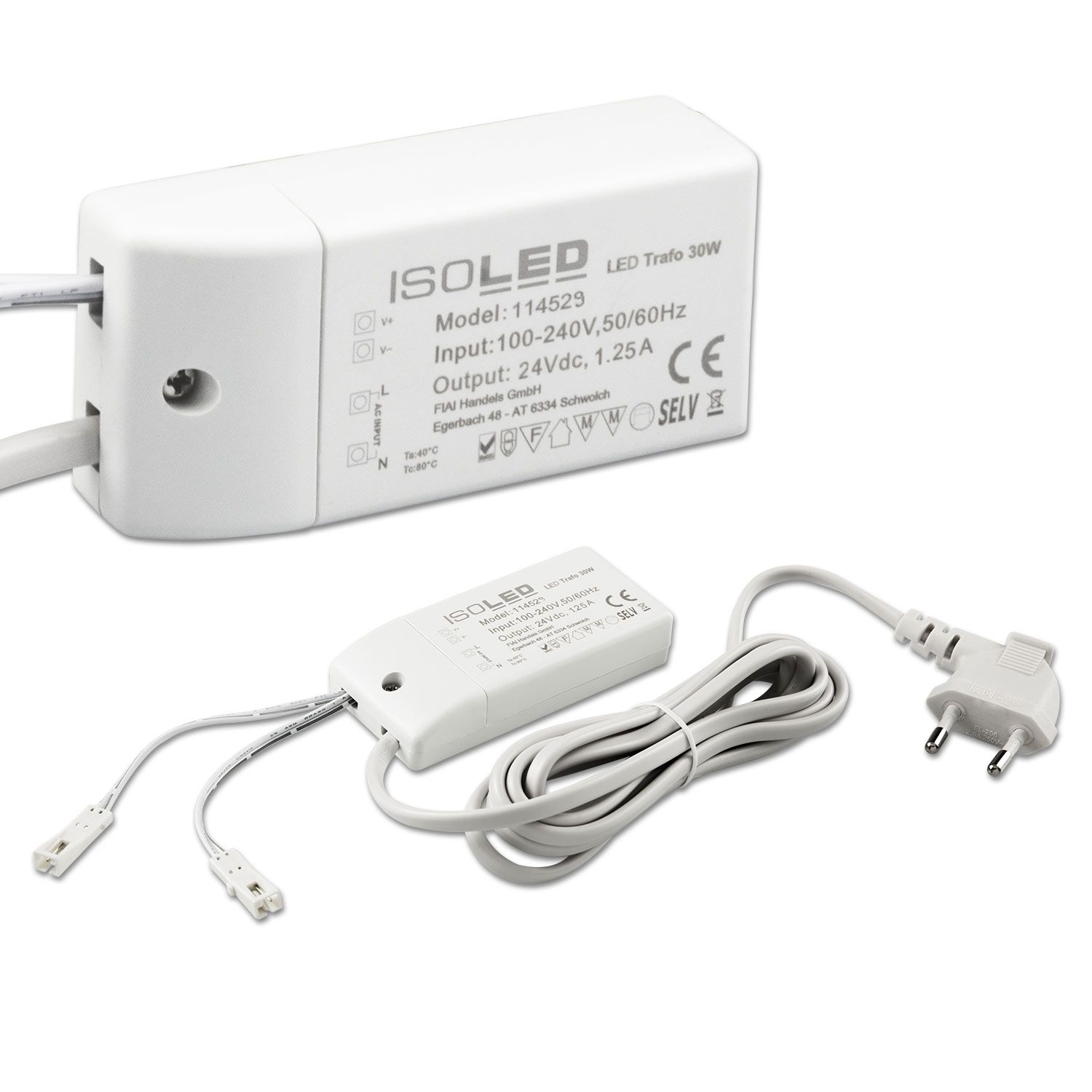 ISOLED LED Trafo MiniAMP 24V/DC, 0-30W, 200cm Kabel mit Flachstecker, sekundär 2 female Buchsen ISOLED LED Trafo MiniAMP 24V/DC, 0-30W, 200cm Kabel mit Flachstecker, sekundär 2 female Buchsen - 1
