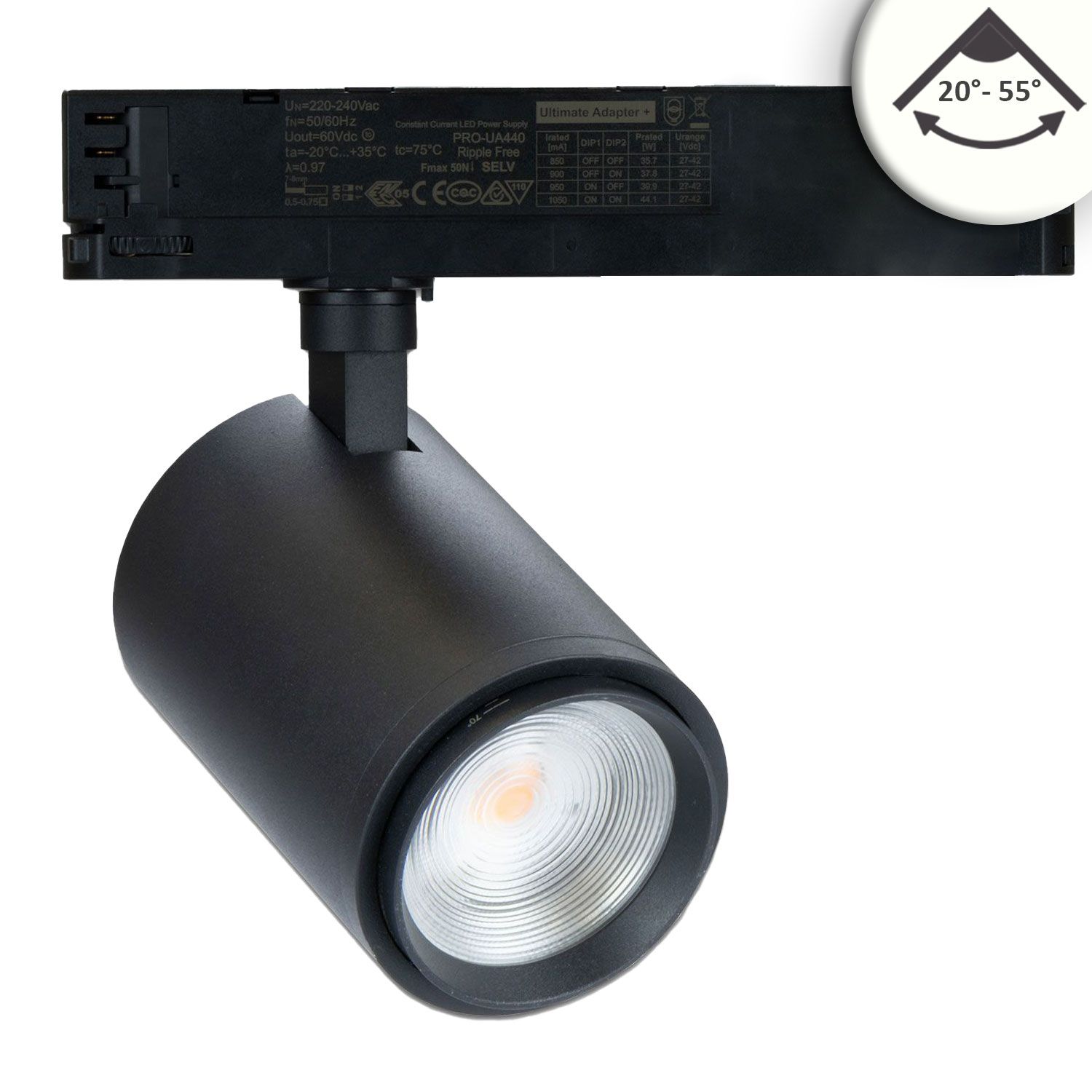 ISOLED 3-Phasen Schienenstrahler fokussierbar, 42W, 20°-70°, schwarz matt, 4000K, CRI92, dimmbar ISOLED 3-Phasen Schienenstrahler fokussierbar, 42W, 20°-70°, schwarz matt, 4000K, CRI92, dimmbar - 1