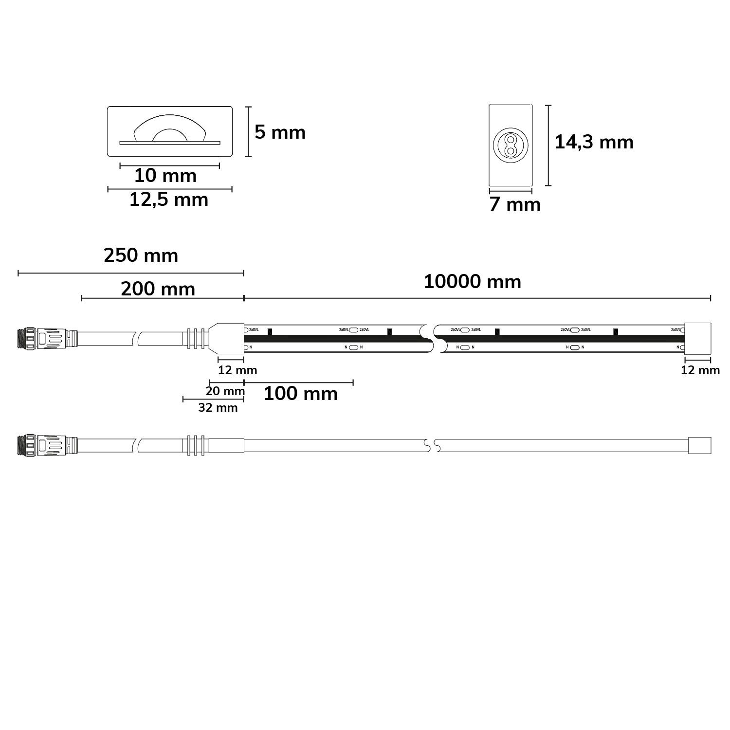 ISOLED LED Flexband 230V COB, 14W/m, 10m Rolle, 3000K, CRI90, IP67, male-Stecker einseitig - 3