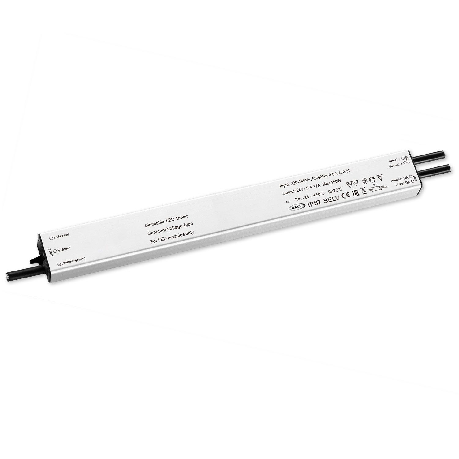 ISOLED LED PWM-Trafo 24V/DC, 0-100W, Push/DALI-2 dimmbar, IP67, SELV, flach, ultraschmal - 1
