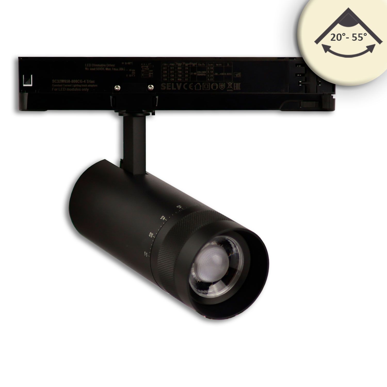 ISOLED 3-Phasen Schienenstrahler fokussierbar, 24W, 20°-55°, schwarz matt, 3000K, DALI dimmbar ISOLED 3-Phasen Schienenstrahler fokussierbar, 24W, 20°-55°, schwarz matt, 3000K, DALI dimmbar - 1