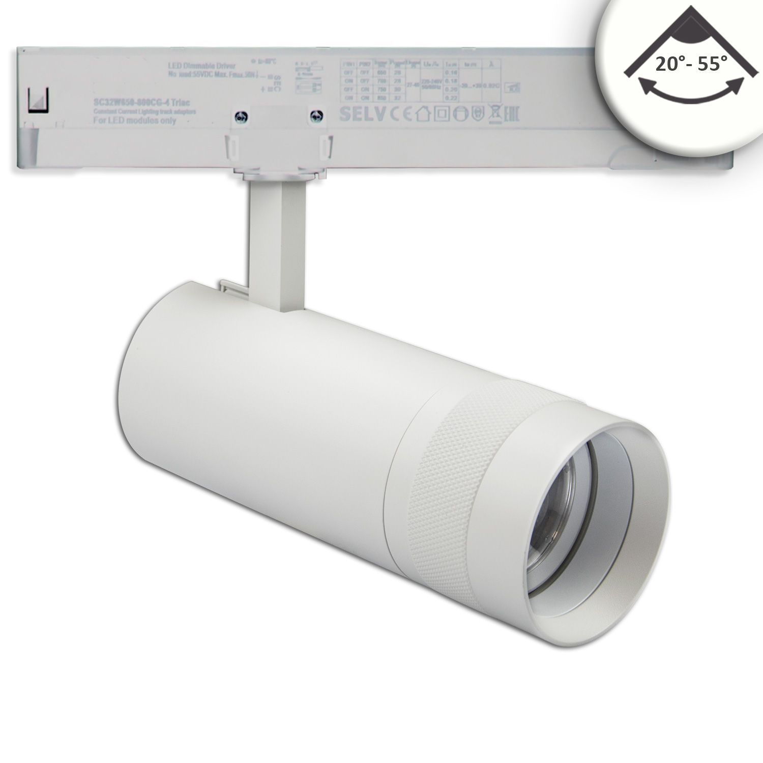 ISOLED 3-Phasen Schienenstrahler fokussierbar, 24W, 20°-55°, weiß matt, 4000K, dimmbar ISOLED 3-Phasen Schienenstrahler fokussierbar, 24W, 20°-55°, weiß matt, 4000K, dimmbar - 1