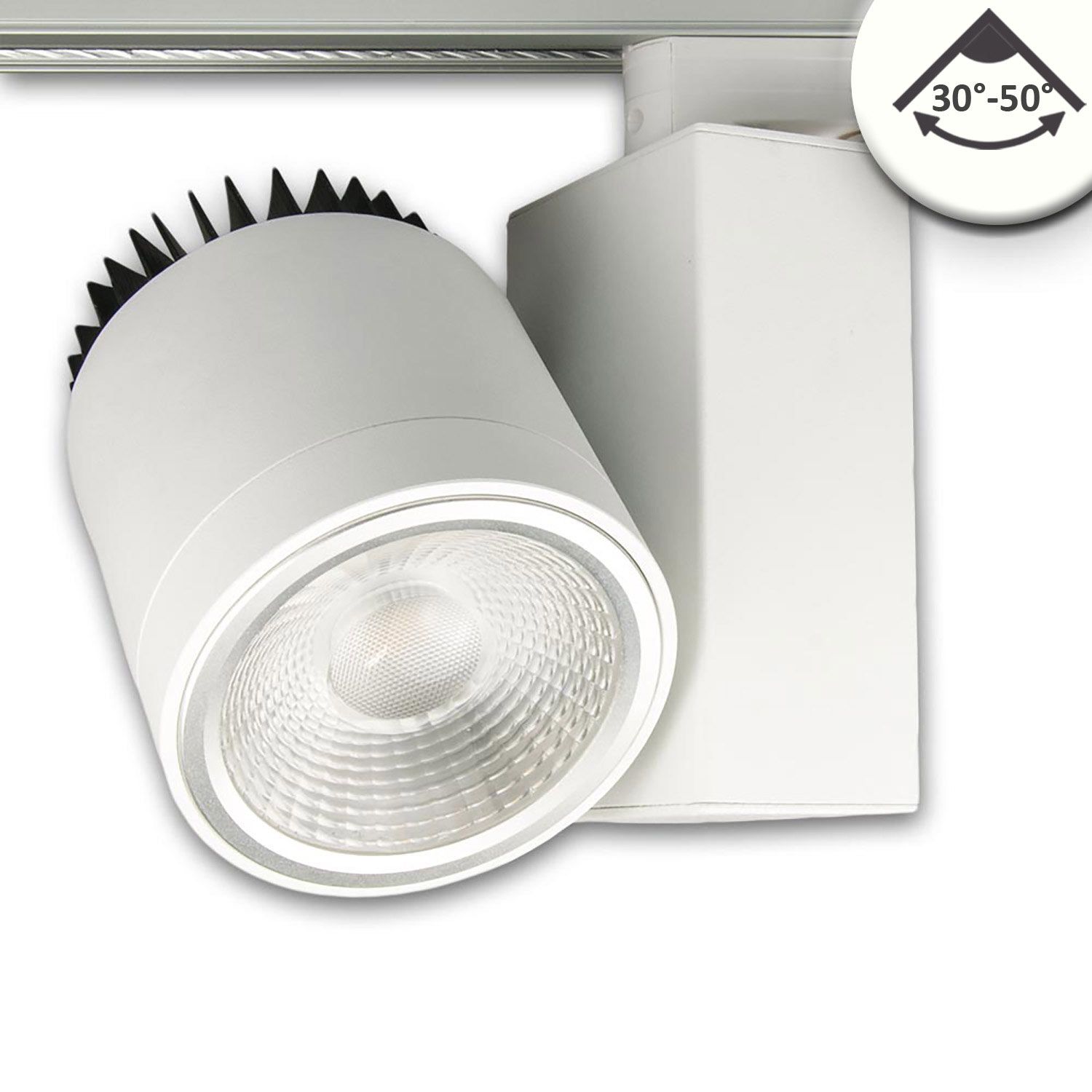 ISOLED 3-Phasen Schienenstrahler fokussierbar, 35W, 30°-50°, weiß matt, 4000K, CRI92 ISOLED 3-Phasen Schienenstrahler fokussierbar, 35W, 30°-50°, weiß matt, 4000K, CRI92 - 1