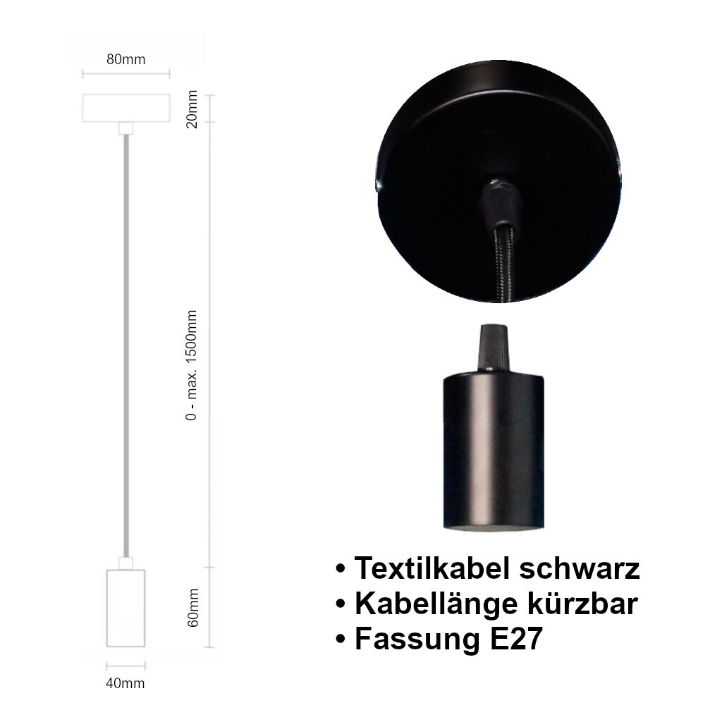 Emilum Schnurpendel mit Textilkabel, E27 Sockel Schwarz - Produktbild 2