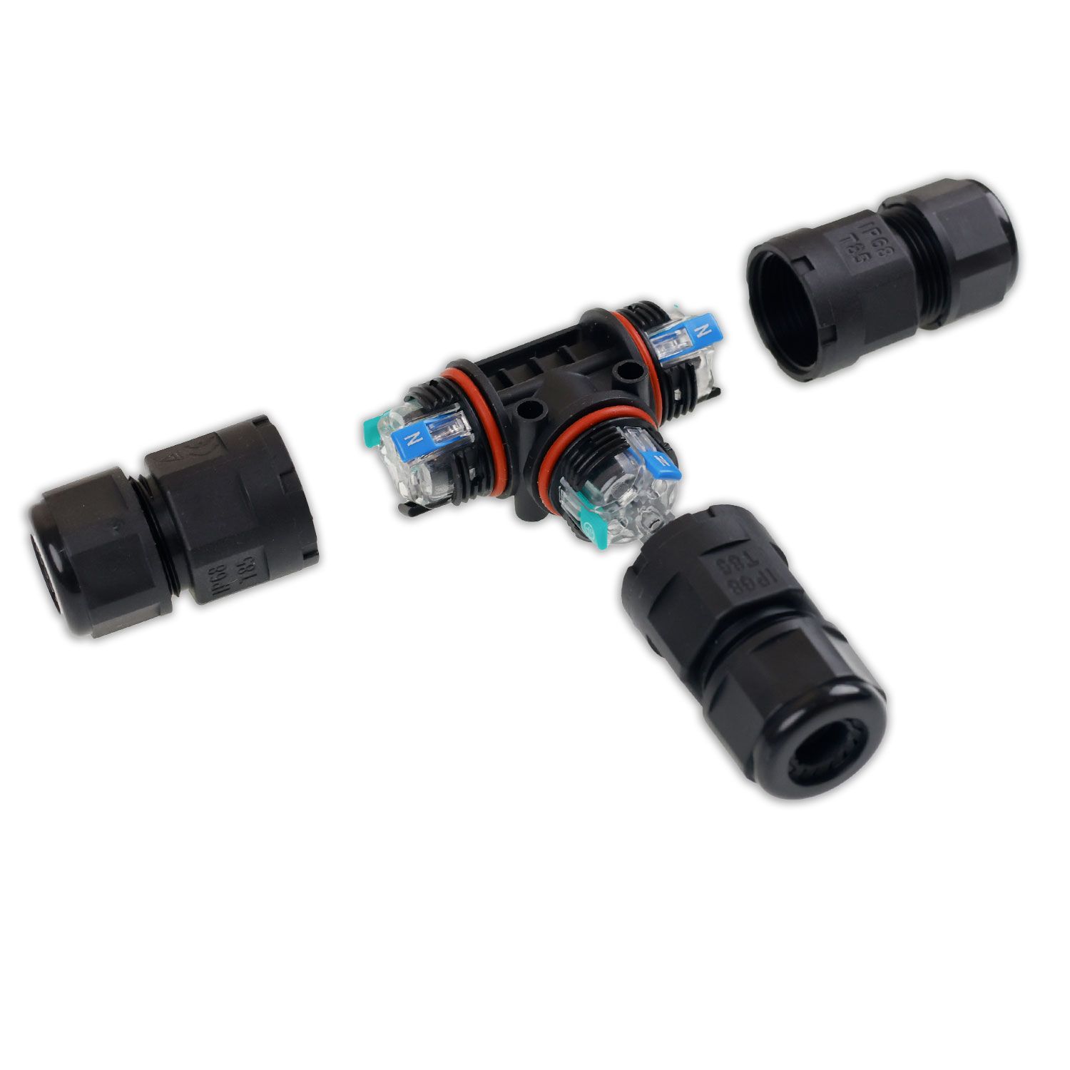 ISOLED Kabel T-Verbinder IP67, 3-polig 0.75-2.5mm² mit Federklemme, max. 250V 16A, Manteldm. 6,5-11mm - 2