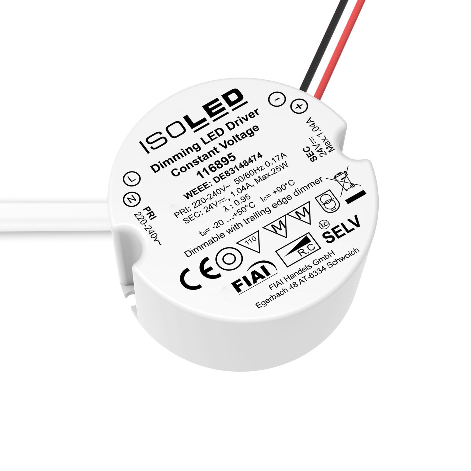 ISOLED LED Schalterdosen-PWM-Trafo 24V/DC, 12-25W, Tiefe 30mm, IP65, dimmbar, SELV - 1