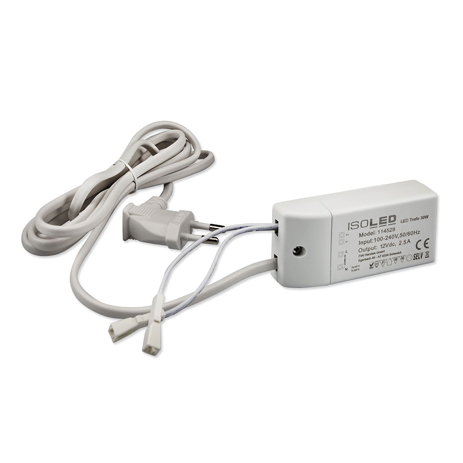 ISOLED LED Trafo MiniAMP 12V/DC, 0-30W, 200cm Kabel mit Flachstecker, sekundär 2 female Buchsen - 2