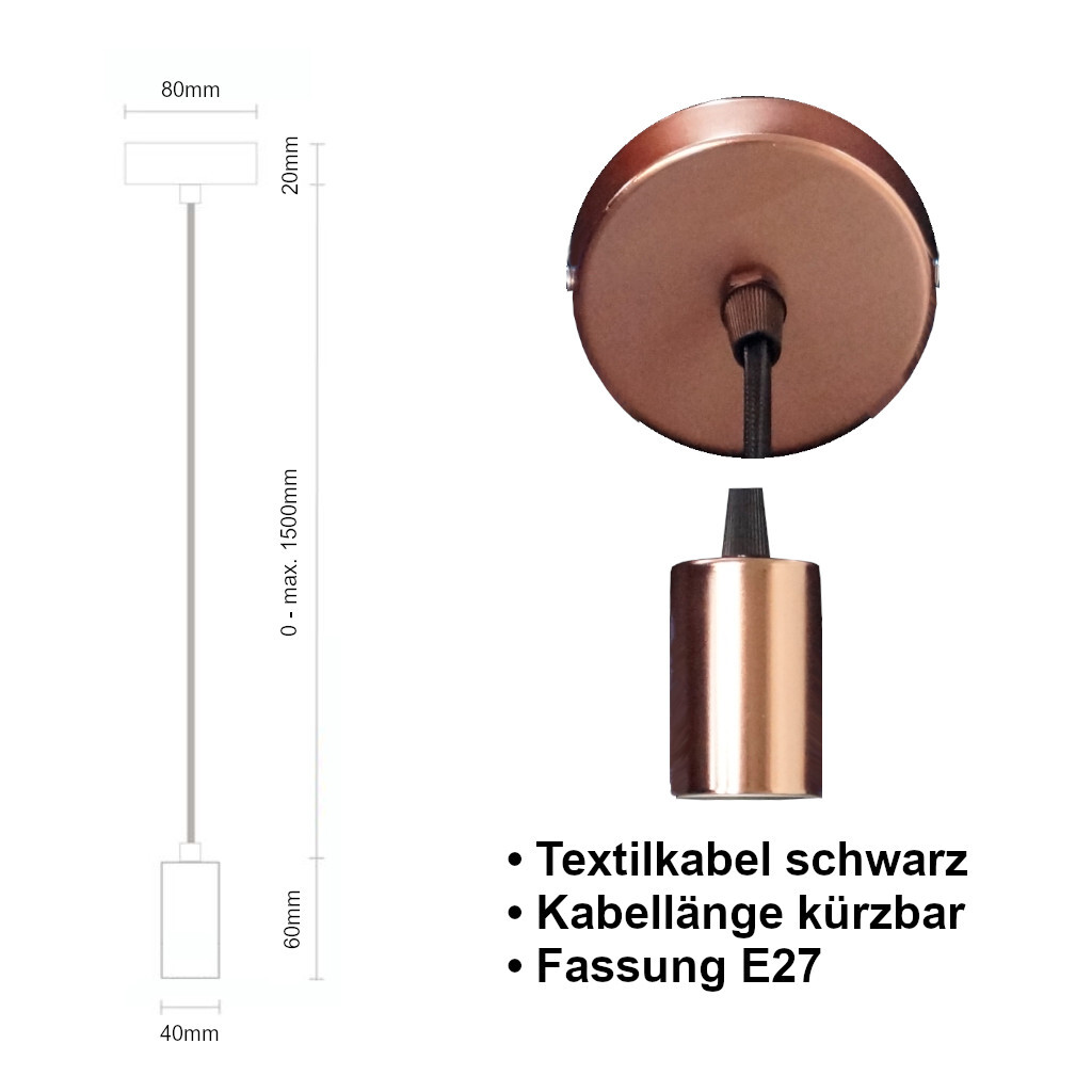 Emilum Schnurpendel mit Textilkabel, E27 Sockel Rose-Gold - 2