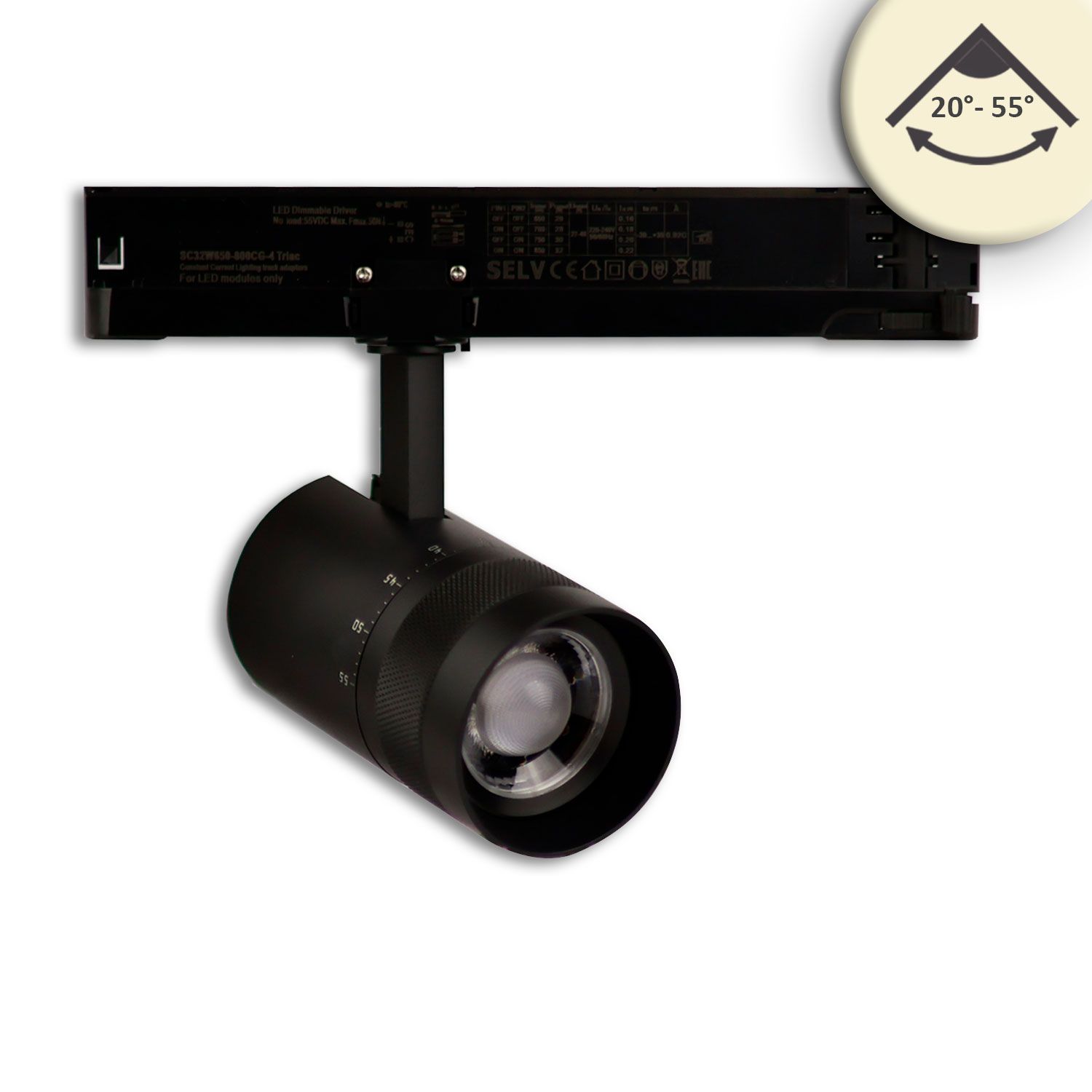ISOLED 3-Phasen Schienenstrahler fokussierbar, 12W, 20°-55°, schwarz matt, 3000K, DALI dimmbar ISOLED 3-Phasen Schienenstrahler fokussierbar, 12W, 20°-55°, schwarz matt, 3000K, DALI dimmbar - 1