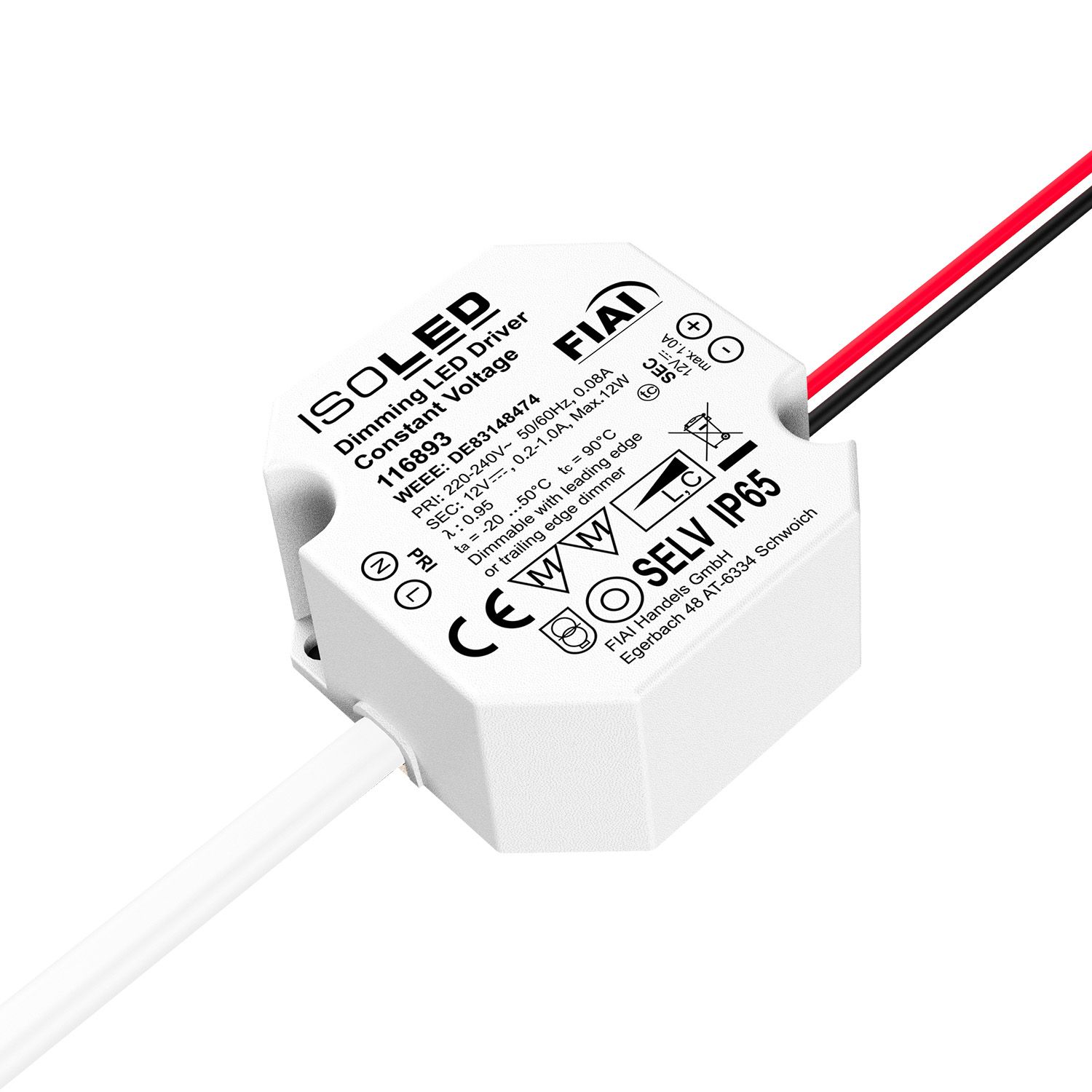 ISOLED LED Schalterdosen-PWM-Trafo 12V/DC, 0-12W, Tiefe 24mm, IP65, dimmbar, SELV - 1