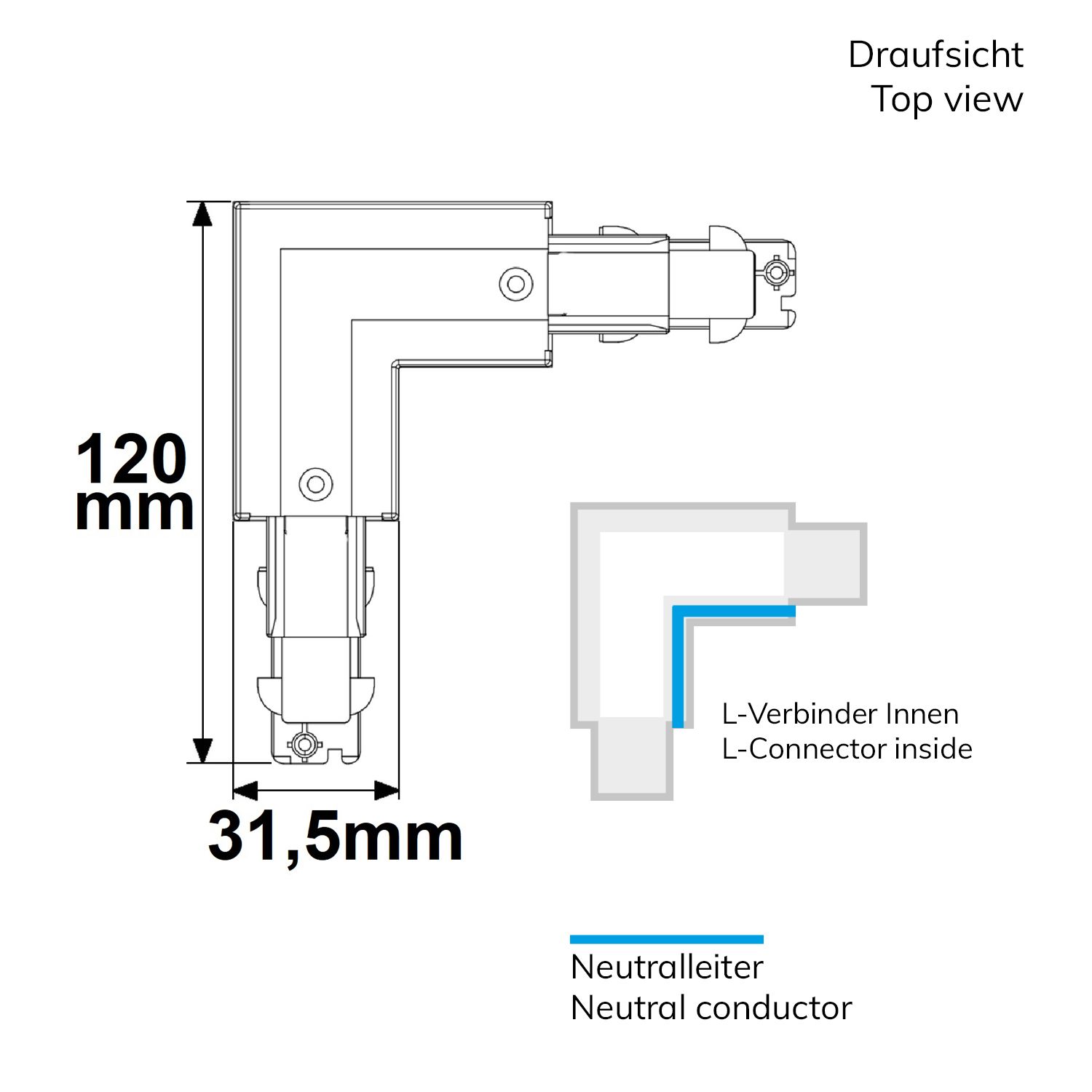 ISOLED 3-Phasen DALI L-Verbinder für Aufbauschiene, N-Leiter innen, schwarz - 2