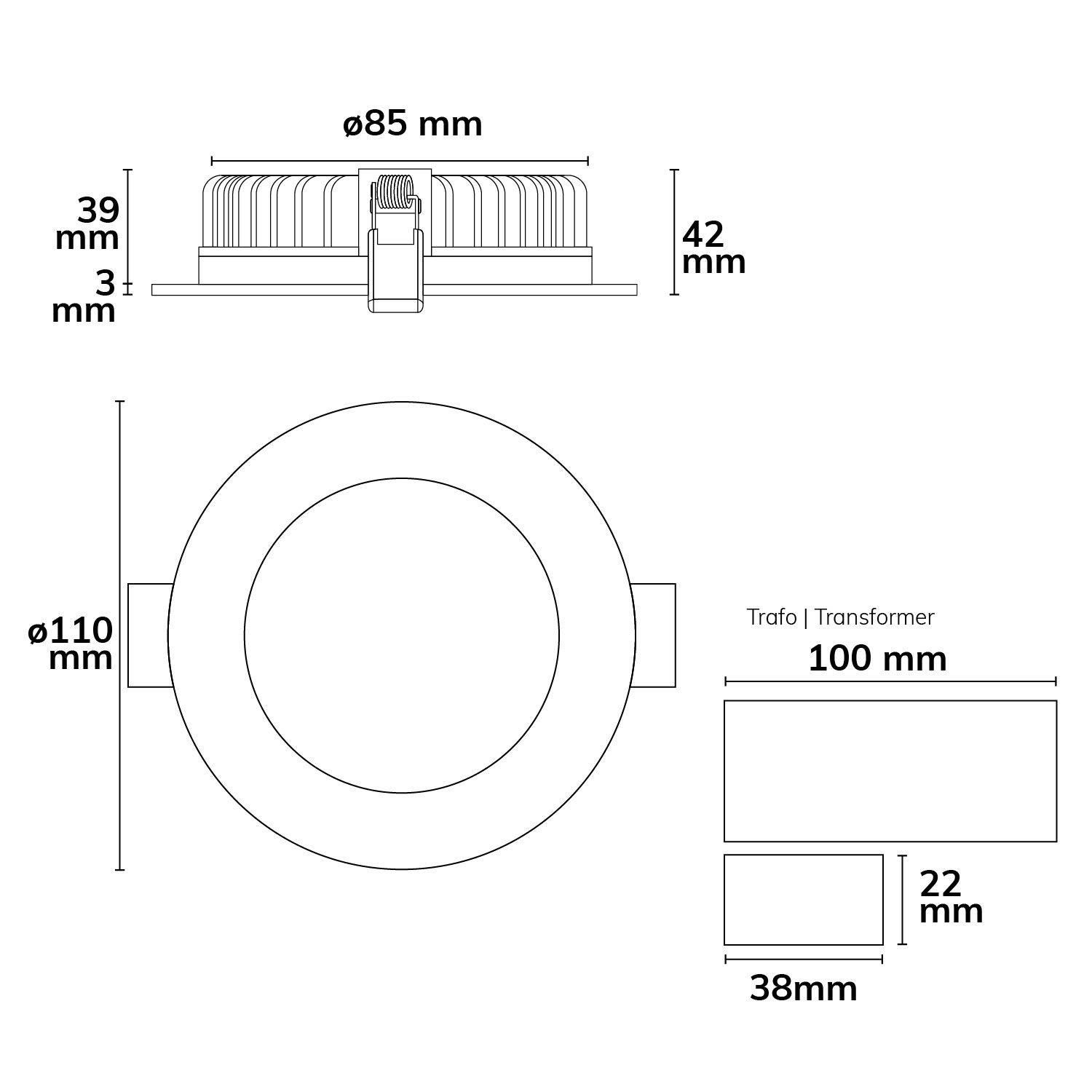 ISOLED LED Downlight blendungsreduziert, 13W, rund, DN110, CRI90, Switch 3000|3500|4000K, dimmbar - 3